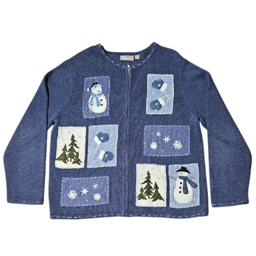 Vintage Croft & Barrow Womens L Zip Cardigan Blue Snowman Grandma Teacher Winter